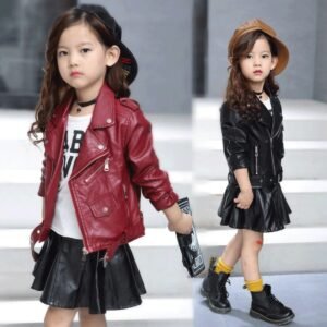 Y110021 girls coat children pu leather jacket kid outwear solid color Zipper belt long sleeve Casual Girls motorcycle jacket