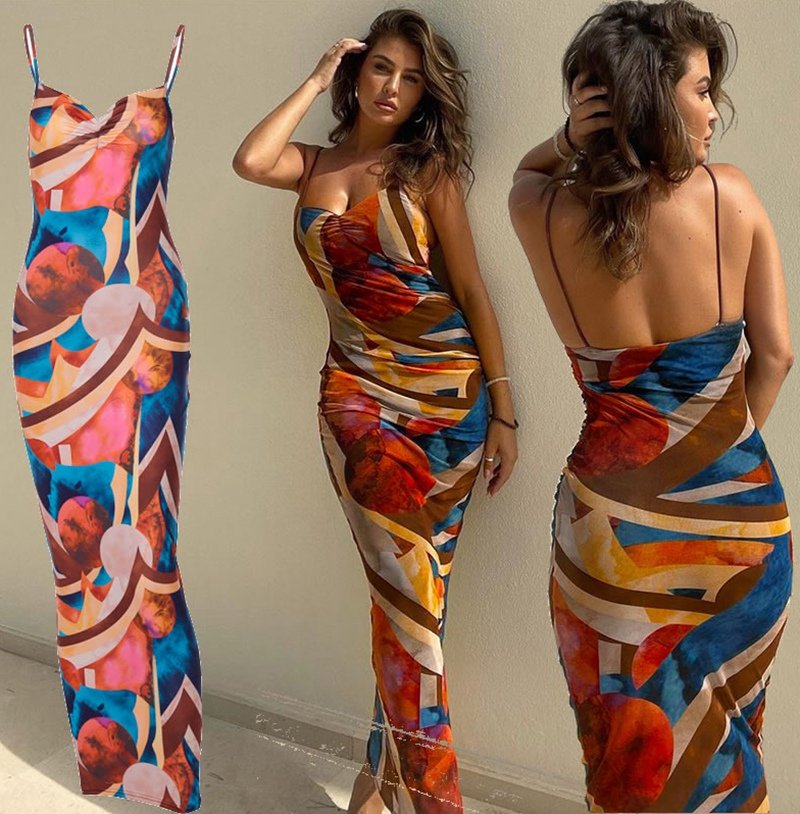 Y207162 Women Fashion Summer Autumn Sleeveless Printed Bodycon Long Pencil Strap Dress Fall Wholesale Clothes Streetwear