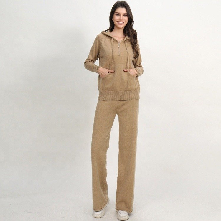 Arctic Velvet Hooded Knitted Shirt Women's Autumn and Winter New High end Zipper Pullover Knitted Two piece Set