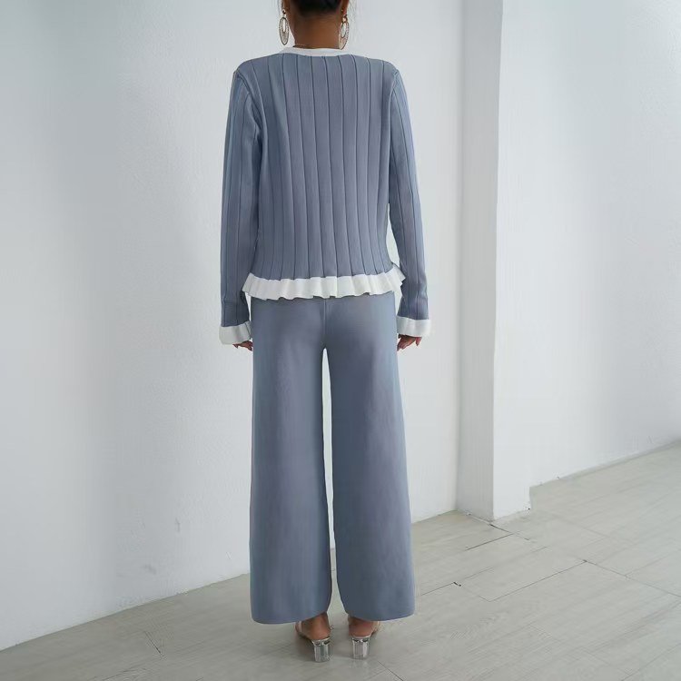 Autumn and winter chic trumpet long sleeved knitted cardigan set women's fashionable wide leg pants two-piece set trendy