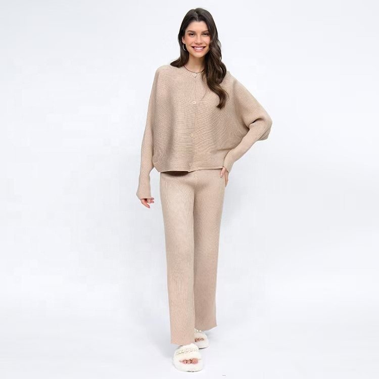 Autumn and Winter Loose Bat Sleeve Knitted Single breasted Sweater High Waist Wide Leg Pants Knitted Set for Women