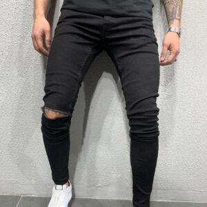 Black Denim Pants For Man Ripped Holes Designer Fashion Jeans Hip Hop Men Slim Straight Denim Trousers
