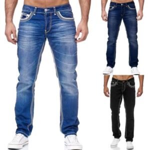 custom high quality blue slim fit skinny denim trousers pants men double line jeans for men size S-3XL