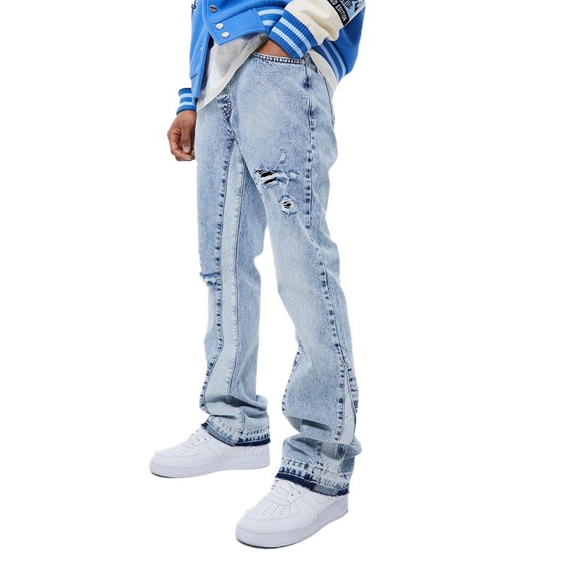 Custom Logo Men's Casual Blue D istressed Vintage Wash Jeans Trousers Men Custom Flares Denim Pants Jeans