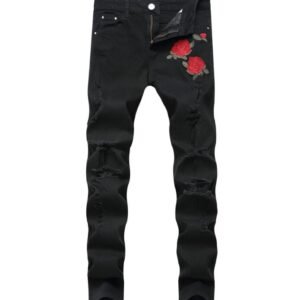 Custom Men Black Ripped Distresses Embroidered Stretch Jeans Boy Stacked Skinny Jean Skinny Homme Pants