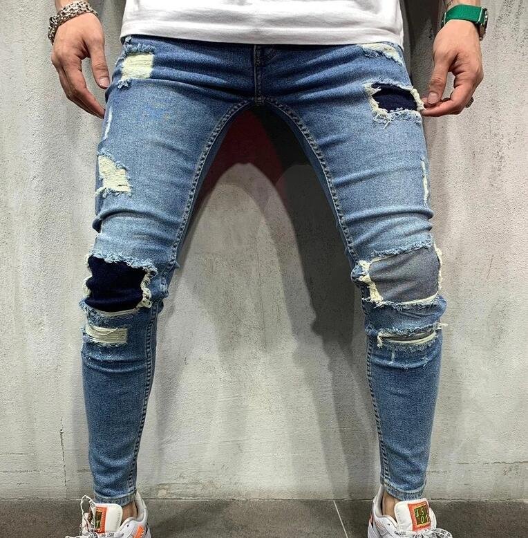 Custom Men's Fashion Ripped Jeans Washed Patch Slim Fit Thin Stretch Skinny Denim Pant Streetwear Men Jeans with Hole