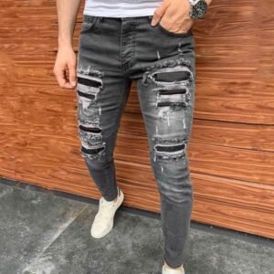 Custom New Design Men's Jeans Hip Hop Slim Ripped Fashion Patchwork Patched Hole Skinny Distressed Denim For Men