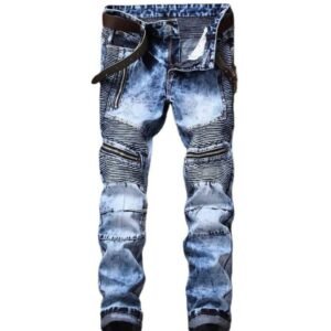 European and American straight pleated zipper motorcycle denim pant snowflake hole blue jeans for men