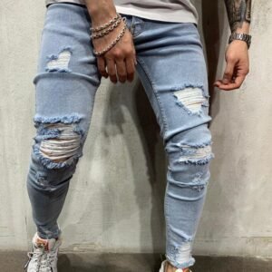 Factory custom high quality blue trouser jeans mens ripped skinny jeans hip hop streetwear denim pants