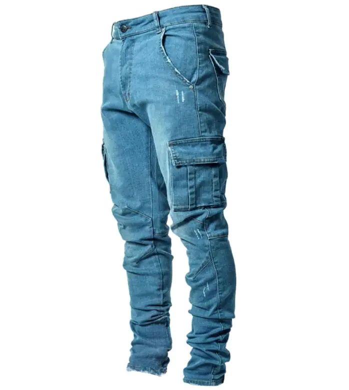 Factory custom jeans Black blue denim Cargo pants multi pocket slim fit Men's overalls jeans