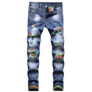 Fashion Mens Fancy Color Painted Holes Ripped Jeans Trendy Printed Slim Straight Denim Pants Trousers Blue Black