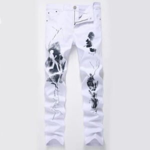 Fashion Painted Denim Slim Fit White Jeans Men Hip Hop Elastic Casual Cowboys Pants Mens Printing Streetwear Jean Trousers