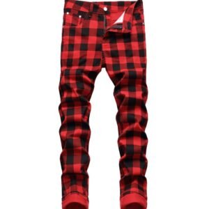 fashion ripped plaid spliced printed red washed street wear casual pantalones de hombre jeans