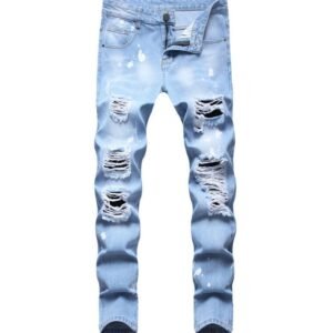 Fashion Stretchy Men Skinny Jeans Pants Distressed Hole Slim Fit Hip Hop White Blue Pleated Ripped Denim Jeans Man