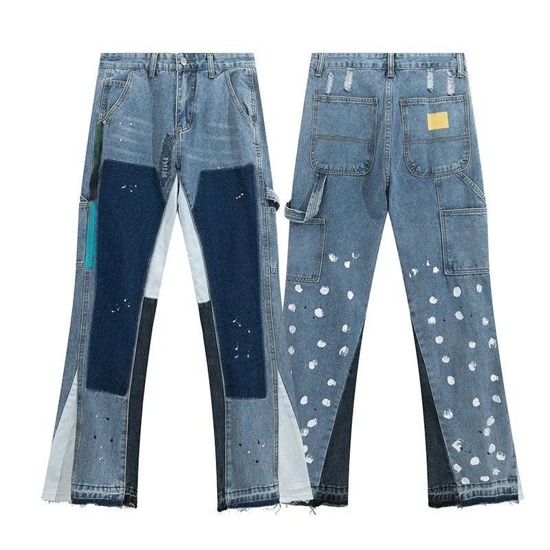 High Quality Blue Custom Logo Flare Legs Patch Vintage Washing Custom Denim Men's Distressed Washed Jeans