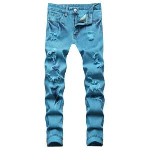 High Quality Men Ripped Denim Jeans Trendy Holes Distressed Turquoise Blue Straight Pants Casual Plus Size 42 Long Trousers