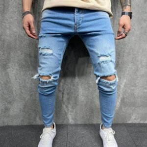 High Quality Stretchy Men Skinny Jeans Pants Distressed Hole Slim Fit Hip Hop Blue Pleated Ripped Denim Jeans