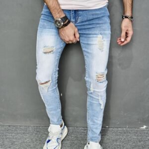 High Street Men Blue Stretchy Slim Fit Hip Hop Destroyed Broken Holes Ripped Man Breathable Denim Pants