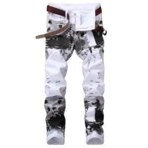 High Street Men's Stretch Slim white color printing jeans pants jeans graffiti street wear men's pants