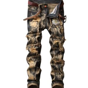 Hip Hop Streetwear Men Retro Jeans Hole Zipped Biker Jeans Men Slim Destroyed Torn Ripped Denim Male Jeans