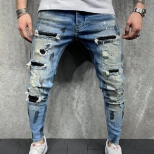 Hot Sale Men Leisure Biker Jeans Blue Wild Embroidery Printing Trousers Spray Paint Hole Slim Fit Pants
