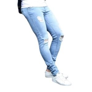 Light blue Hole Pants Jeans Men's Jeans Skinny Slim Ripped Distressed Pleated Knee Hole Denim Pants Plus Size Jeans For Men