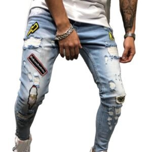 Men Hole Jeans Cool Ripped Skinny Trousers Stretch Slim Denim Pants Hip Hop Black Blue Casual Jogging Jeans for Male