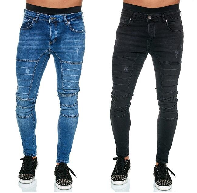 Men Stacked Denim Pants Casual Blue Black Slim Fit Mens Jeans Skinny Stretch Men's Jeans locomotive Denim Pant