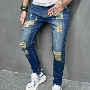 Men Stretchy Ripped Skinny Biker Embroidery Pant Destroyed Hole Slim Fit Denim High Quality Hip Hop Blue Jeans