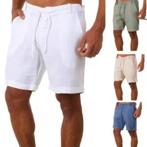 Men's cotton and linen waist drawstring casual shorts fashion Beach Short Solid Color Cargo Shorts