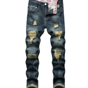 Men's Hip Hop Biker Jeans Destroyed Slim Fit Straight Denim Pants Holes Motorcycle Washed Jean Trousers