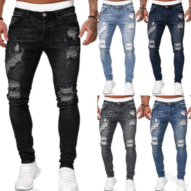 Men's Jeans Cool Ripped Skinny Trousers Stretch Slim Denim Pants Large Size Hip Hop Black Blue Casual Jogging Jeans for Men