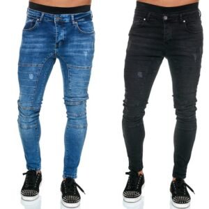 Men's jeans straight slim fit pleated motorcycle biker denim pants men black blue leggings stretch jeans
