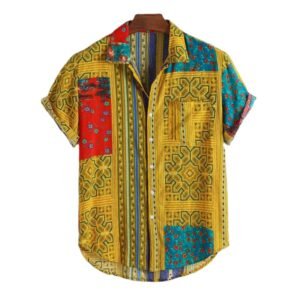Mens Vintage Ethnic Printed Turn Down Collar Short Sleeve Loose Casual Shirts 2022 Slim Fit Male Shirt Men Blouse