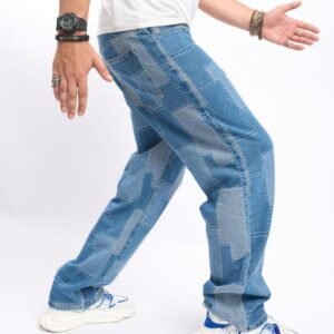 new men long jeans high street jeans wide legs loose style denim jeans patched stretch pant