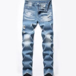New men stacked jeans Splash ink print distressed denim jeans vintage ripped blue men slim fit jeans