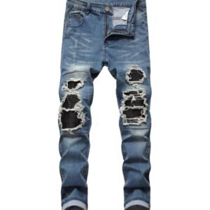New Style Men's Distressed Destroyed Pants Art Hole Patches Skinny Biker Black Blue Slim Trousers Men Denim Jeans