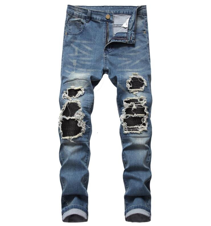New Style Men's Distressed Destroyed Pants Art Hole Patches Skinny Biker Black Blue Slim Trousers Men Denim Jeans