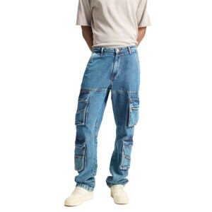 OEM High Quality Flap Multi-Pocket Vintage Blue Washed Style Wide Leg Men Functional Cargo Jeans