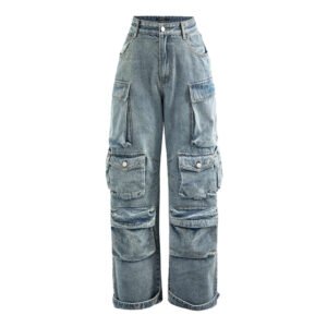 OEM Top Quality Manufacturers Wash Jeans Multiple Cargo Pockets Decorated Sky Blue Cutout Design Wide Leg Pants