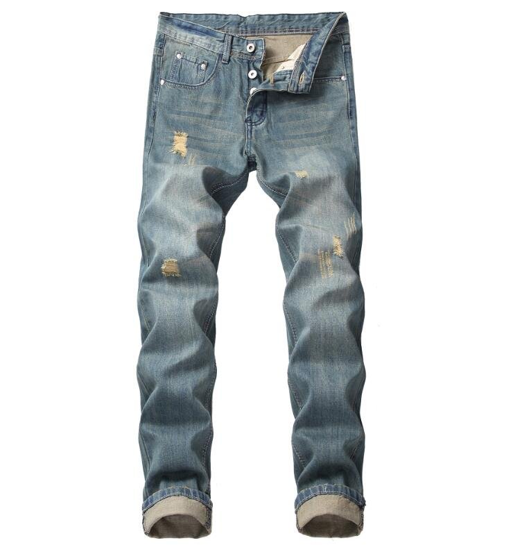 Retro Hole Ripped Distressed Jeans for Men Straight Washed Hip Hop Denim Trousers Casual Male Stacked Jean Pants