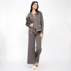 Retro Jacquard Set Women's Fragrant Style Sleeveless Knitted Shoulder Sweater Cardigan Coat Wide Leg Pants 3-Piece Set