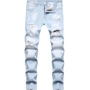 Ripped Jeans Slim Fit Skinny Man Pants Hole Patches Trendy Long Straight Hip Hop Blue Mens Jeans