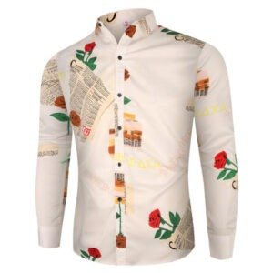 Rose Flower Letter Print Mens Floral Shirts Luxury Causal Camisas Manga Larga Hombre Slim Fit Chinese Black Shirt Men Clothing