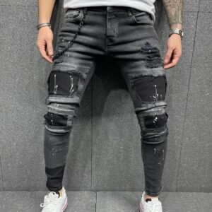 Spray paint Hole Slim fit pants skinny jeans for men splash-ink ripped jeans for men Men Leisure Biker jeans with hole