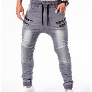 Street Style Mens Hip Hop Sweat Pants Drawstring Zipper Joggers Sports Male Denim Pants Pocket Trousers Men's Jeans