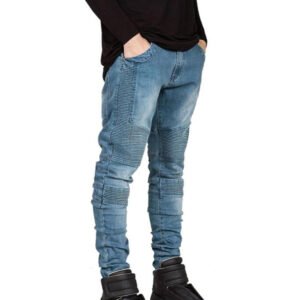 Streetwear Mens Ripped Biker Jeans Homme Mens Fashion Motorcycle Slim Fit Black White Blue Moto Denim Pants Joggers