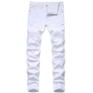 Trendy Patchwork White Pleated Mens Slim Fit Biker Jeans Solid Long Denim Pants Men Clothing Casual Hombres Motorcycle Jeans