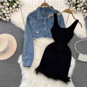 Vintage Short Jacket Denim Jacket Tight Dress Women Two Piece Set