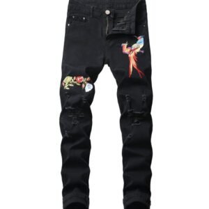 Wholesale Custom embroider trausers clothing denim black stretch men skinny ripped denim jeans damaged jeans
